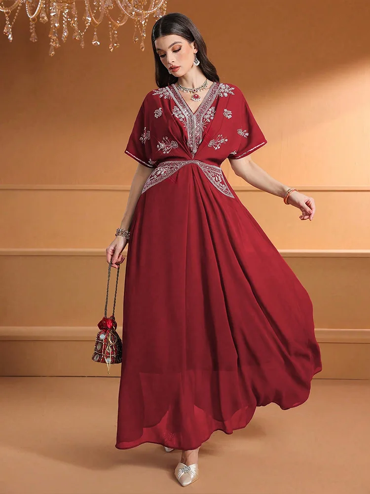 Turkey Women Fashion - Fashion Women V-Neck Long Dress Diamonds