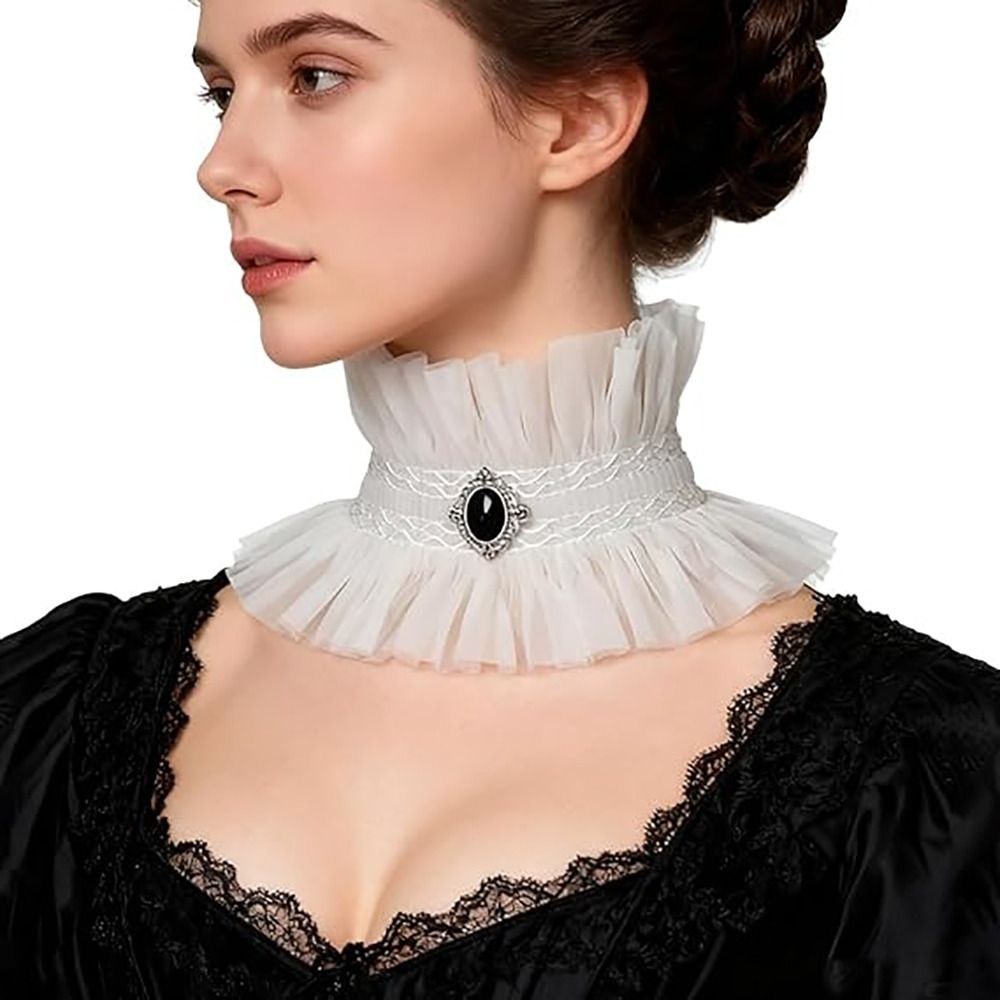 Women'S Fashion Victorian - Ruffle Gothic Collar Black White Gem