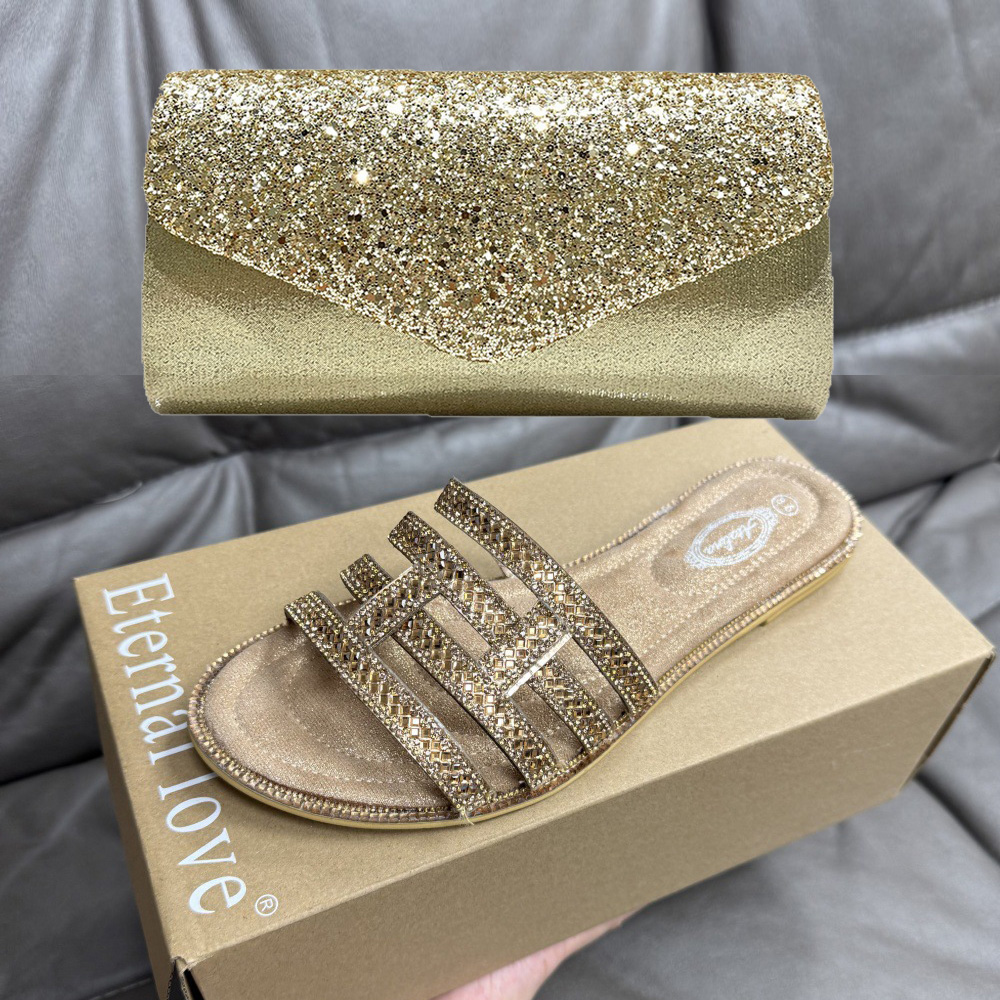Women Fashion Handbags - Summer New Bronze Rhinestone Slippers Plus