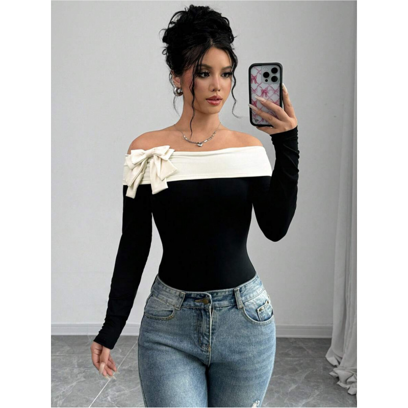Bowknot Decor Off Shoulder Bod - đánh giá và giá Women Fashion Style